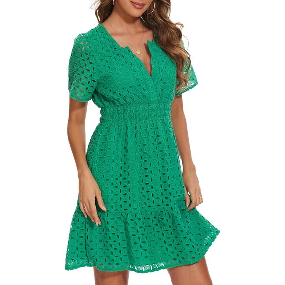 Women Summer Eyelet Lace Mini Dress V Neck Hollow Out Casual A Line - Picture 4 of 5